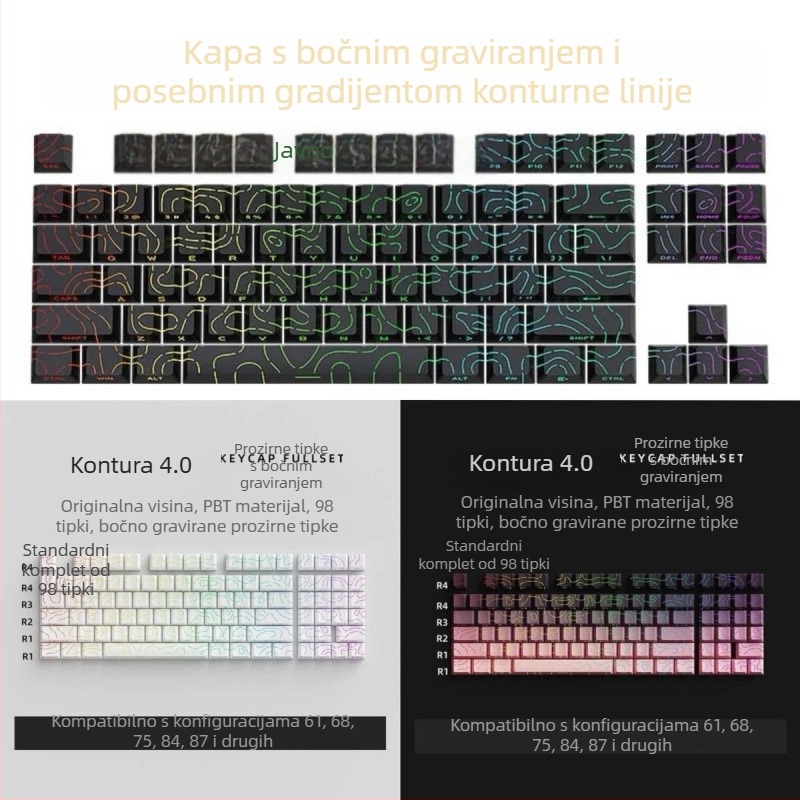 Bočno gravirane prozirne kapice tipki za tipkovnice s rasporedom 61/68/75/84/87 tipki; bez pozadinskog osvjetljenja; nisu vodootporne
