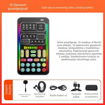 Mini USB zvučna kartica s promjenom glasa za live streaming na mobitelu i PC-u — Model i9, ugrađena baterija 500–800mAh, Bluetooth 4.0, frekvencijski raspon 100Hz–20kHz, SNR ≥60dB