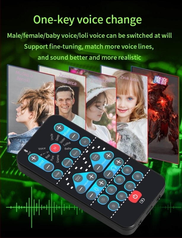 Mini USB zvučna kartica s promjenom glasa za live streaming na mobitelu i PC-u — Model i9, ugrađena baterija 500–800mAh, Bluetooth 4.0, frekvencijski raspon 100Hz–20kHz, SNR ≥60dB