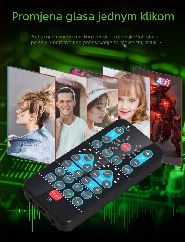 Mini USB zvučna kartica s promjenom glasa za live streaming na mobitelu i PC-u — Model i9, ugrađena baterija 500–800mAh, Bluetooth 4.0, frekvencijski raspon 100Hz–20kHz, SNR ≥60dB