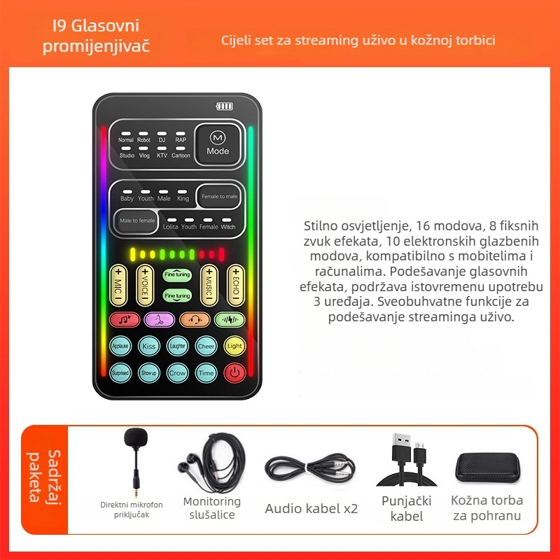 Mini USB zvučna kartica s promjenom glasa za live streaming na mobitelu i PC-u — Model i9, ugrađena baterija 500–800mAh, Bluetooth 4.0, frekvencijski raspon 100Hz–20kHz, SNR ≥60dB