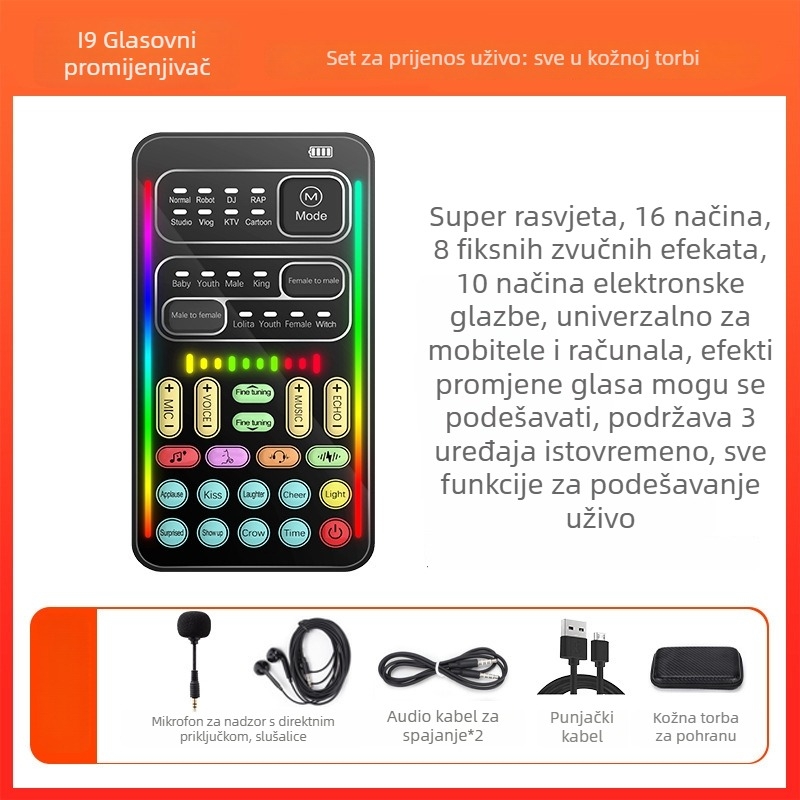Mini USB zvučna kartica s promjenom glasa za live streaming na mobitelu i PC-u — Model i9, ugrađena baterija 500–800mAh, Bluetooth 4.0, frekvencijski raspon 100Hz–20kHz, SNR ≥60dB