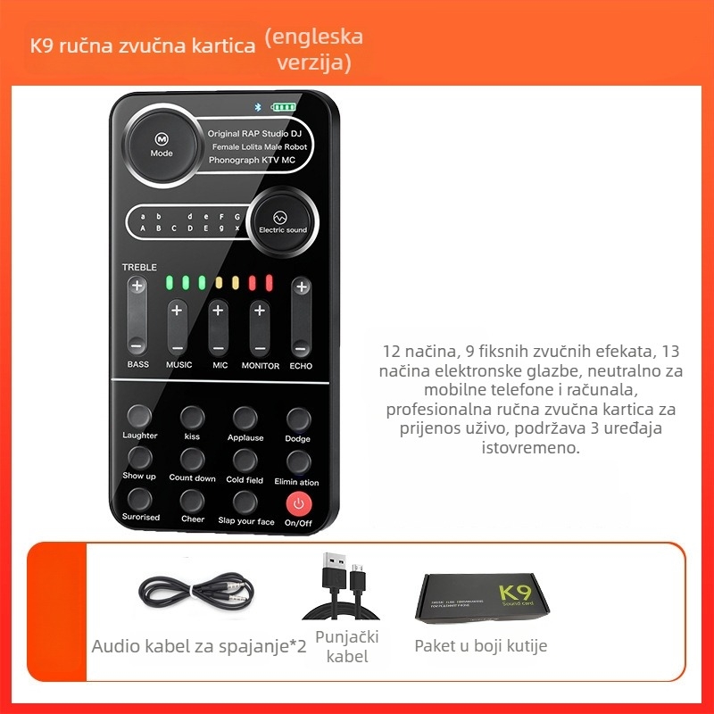 Mini USB zvučna kartica s promjenom glasa za live streaming na mobitelu i PC-u — Model i9, ugrađena baterija 500–800mAh, Bluetooth 4.0, frekvencijski raspon 100Hz–20kHz, SNR ≥60dB