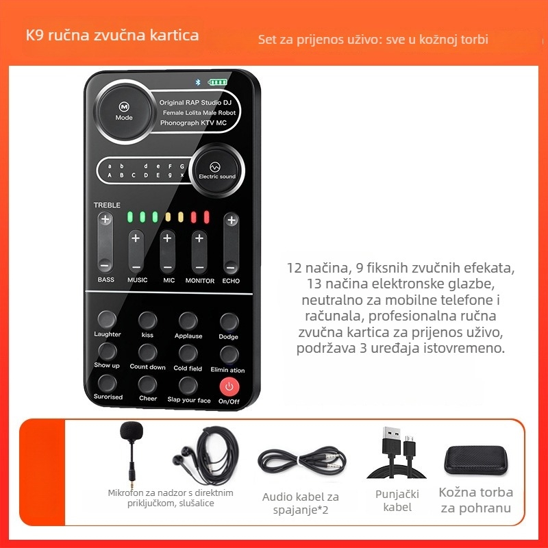 Mini USB zvučna kartica s promjenom glasa za live streaming na mobitelu i PC-u — Model i9, ugrađena baterija 500–800mAh, Bluetooth 4.0, frekvencijski raspon 100Hz–20kHz, SNR ≥60dB