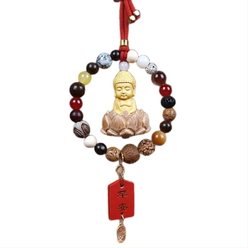 Auto privjesak s 18 Bodhi perlica – vintage drveni unutarnji ukras