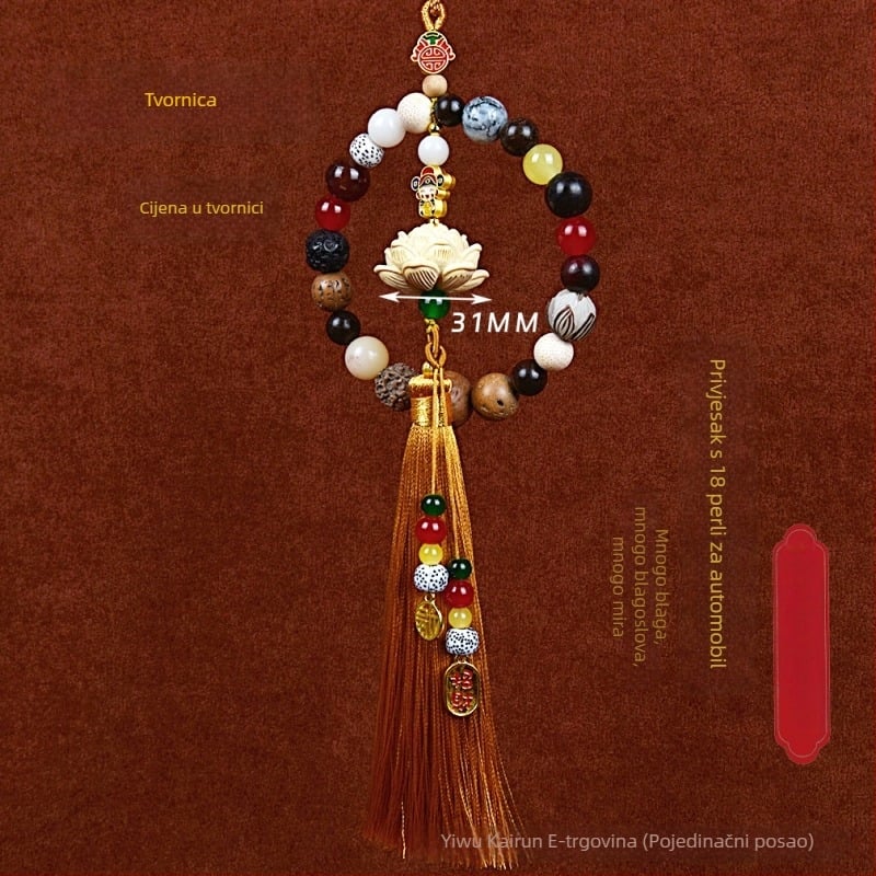 Auto privjesak s 18 Bodhi perlica – vintage drveni unutarnji ukras