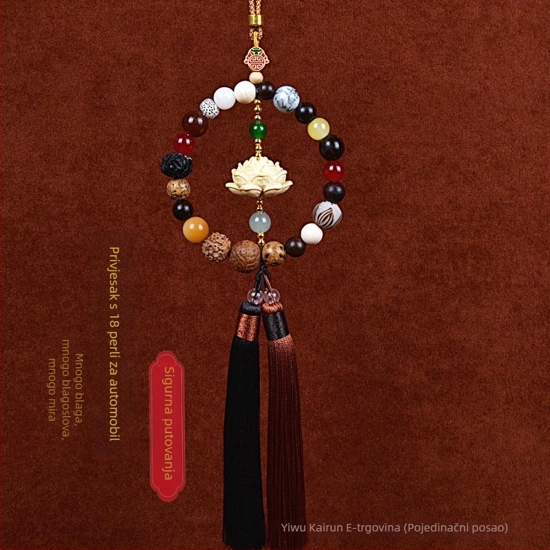 Auto privjesak s 18 Bodhi perlica – vintage drveni unutarnji ukras