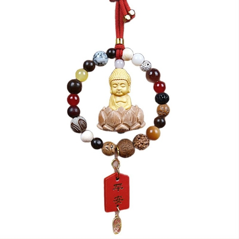 Auto privjesak s 18 Bodhi perlica – vintage drveni unutarnji ukras