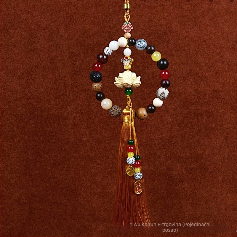 Auto privjesak s 18 Bodhi perlica – vintage drveni unutarnji ukras