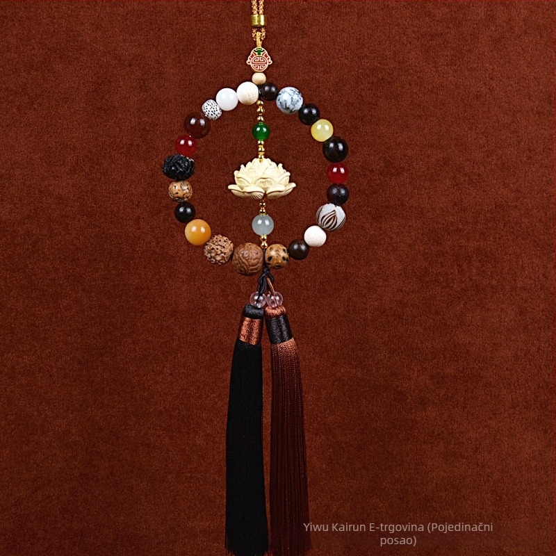 Auto privjesak s 18 Bodhi perlica – vintage drveni unutarnji ukras