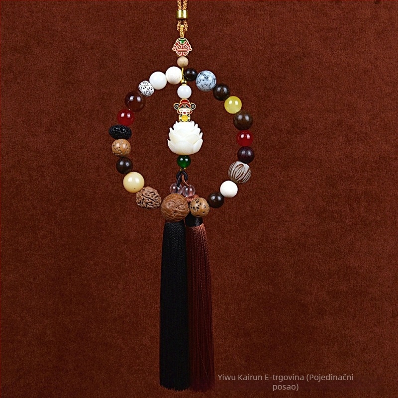 Auto privjesak s 18 Bodhi perlica – vintage drveni unutarnji ukras