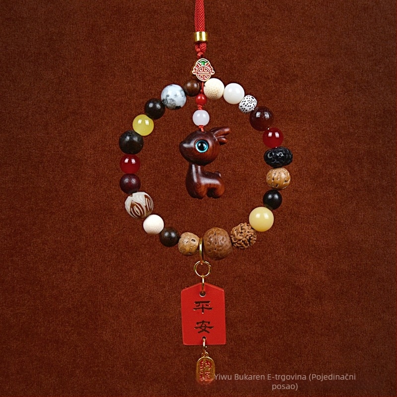 Auto privjesak s 18 Bodhi perlica – vintage drveni unutarnji ukras