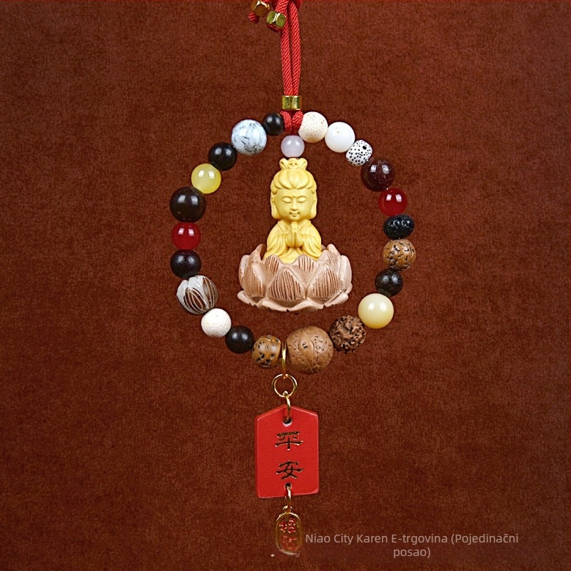 Auto privjesak s 18 Bodhi perlica – vintage drveni unutarnji ukras