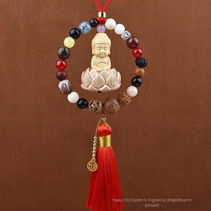 Auto privjesak s 18 Bodhi perlica – vintage drveni unutarnji ukras