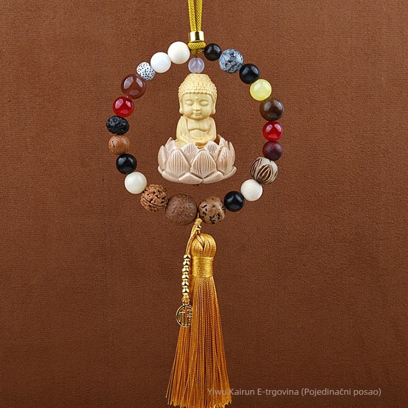 Auto privjesak s 18 Bodhi perlica – vintage drveni unutarnji ukras