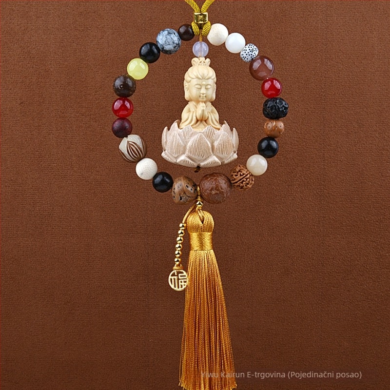 Auto privjesak s 18 Bodhi perlica – vintage drveni unutarnji ukras