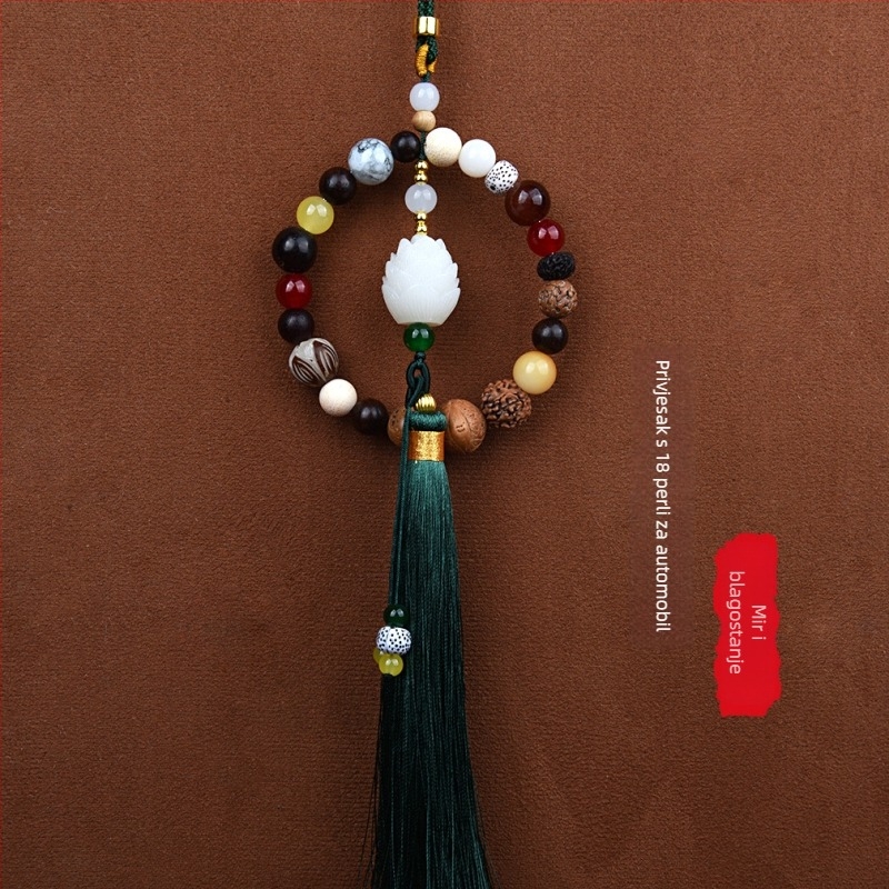 Auto privjesak s 18 Bodhi perlica – vintage drveni unutarnji ukras