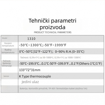 YD1310 digitalni termometar - industrijski elektronički termometar s NR sondom, raspon 0–1300°C, rezolucija 0.5°C, točnost Klase 1.0