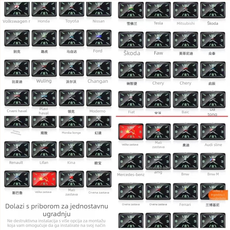 Kvadratni auto sat, tijelo od legure, podesivi kut, mjerač temperature vode za auto, podrijetlo: Dongguan