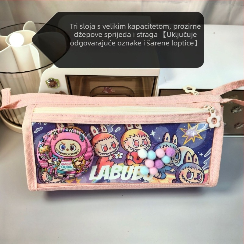 Labubu pernica s karikaturnim uzorkom, od platna, velika kapaciteta, korejska verzija