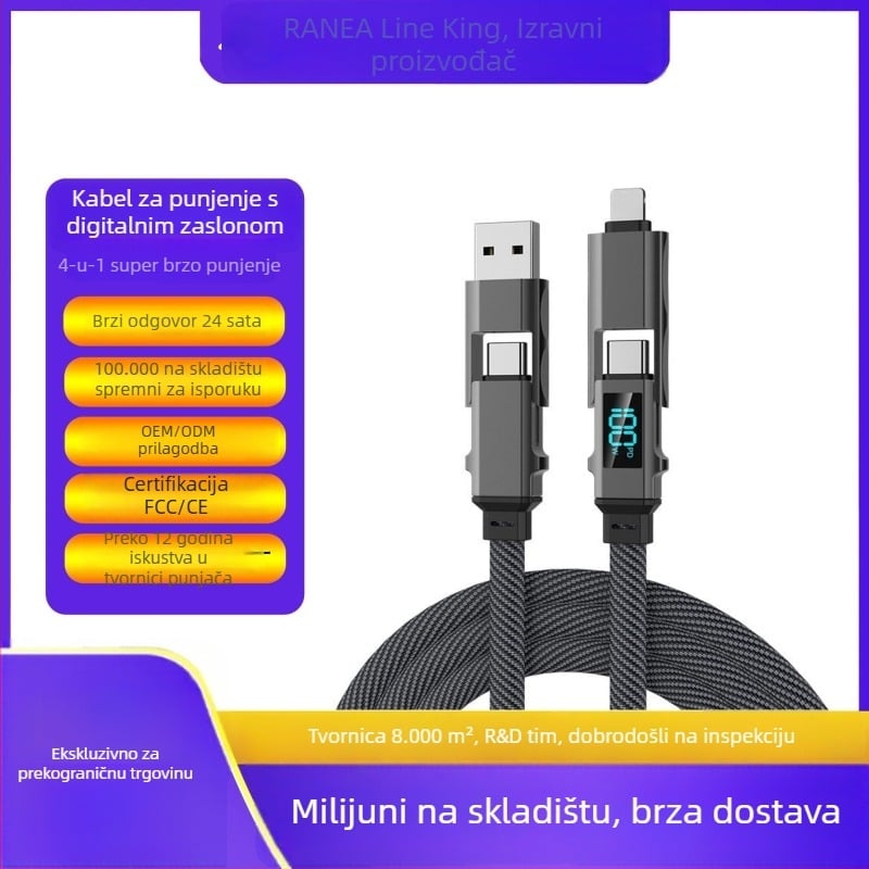 Kabel za napajanje u automobilu s digitalnim zaslonom, 4-u-1 podatkovni kabel, pleteni, PD kompatibilan
