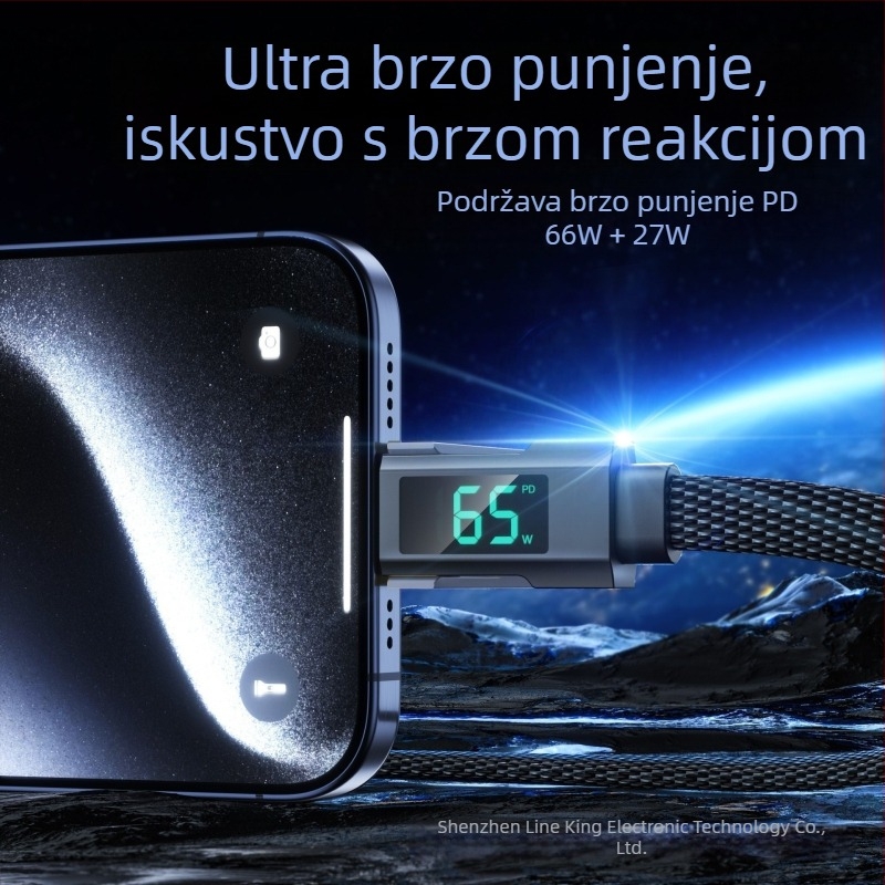 Kabel za napajanje u automobilu s digitalnim zaslonom, 4-u-1 podatkovni kabel, pleteni, PD kompatibilan