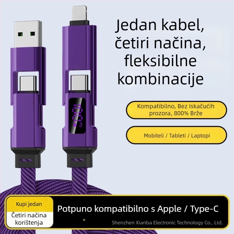 Kabel za napajanje u automobilu s digitalnim zaslonom, 4-u-1 podatkovni kabel, pleteni, PD kompatibilan