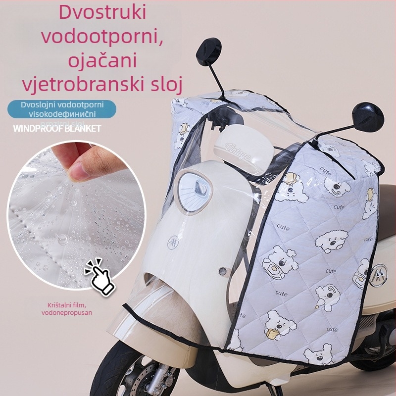 Prednje vjetrobransko staklo za električno vozilo – prozirno, vodootporno, zaštita od sunca; model 001; pogodno za motocikle sa retrovizorom i bez košarice; materijal: Oxford platno + plastika