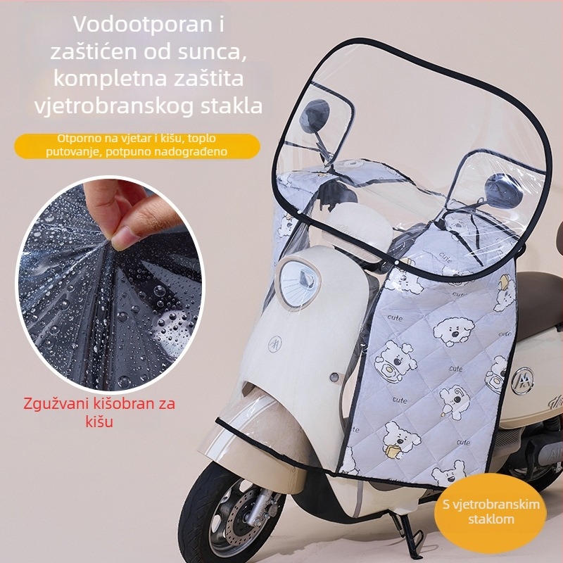 Prednje vjetrobransko staklo za električno vozilo – prozirno, vodootporno, zaštita od sunca; model 001; pogodno za motocikle sa retrovizorom i bez košarice; materijal: Oxford platno + plastika