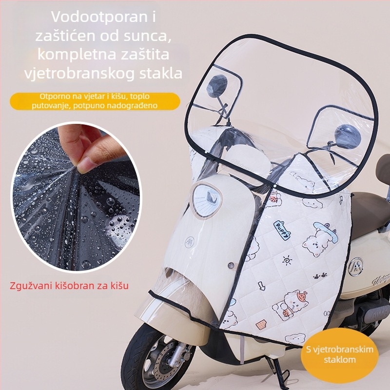 Prednje vjetrobransko staklo za električno vozilo – prozirno, vodootporno, zaštita od sunca; model 001; pogodno za motocikle sa retrovizorom i bez košarice; materijal: Oxford platno + plastika