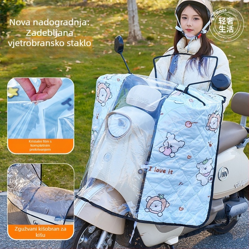 Prednje vjetrobransko staklo za električno vozilo – prozirno, vodootporno, zaštita od sunca; model 001; pogodno za motocikle sa retrovizorom i bez košarice; materijal: Oxford platno + plastika