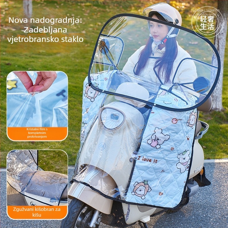 Prednje vjetrobransko staklo za električno vozilo – prozirno, vodootporno, zaštita od sunca; model 001; pogodno za motocikle sa retrovizorom i bez košarice; materijal: Oxford platno + plastika