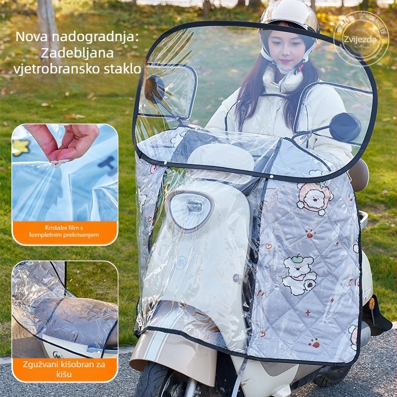 Prednje vjetrobransko staklo za električno vozilo – prozirno, vodootporno, zaštita od sunca; model 001; pogodno za motocikle sa retrovizorom i bez košarice; materijal: Oxford platno + plastika