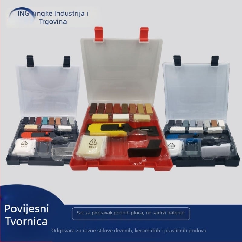 Set alata za popravak drvenog poda, višenamjenski ručni set za popravke, kompletan alatni kovčeg; 17 kompleta, materijal: smjesa smole, ABS, PP; opseg primjene: popravak drvenih podova, keramičkih pločica i porculana na zidovima, vinyl/PVC podovi i plastič