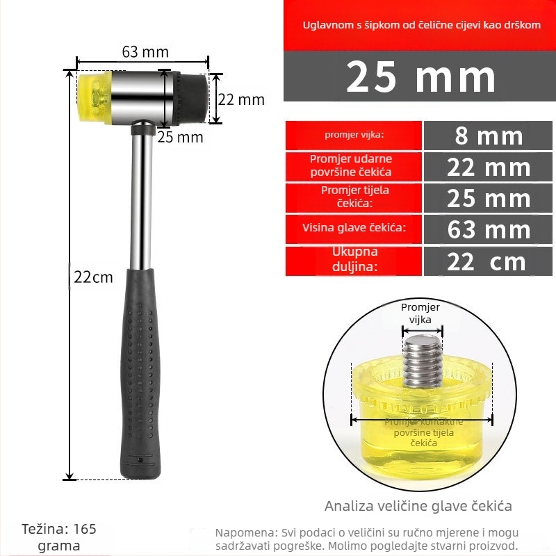 Montirajući čekić s gumom glavom i odvojivim dvostrukim glavama, čelična cijev drška (Br: Golden eagle; Materijal glave: guma; Materijal ručke: čelik; Neto težina: 1 kg; Specifikacija: 25303540)