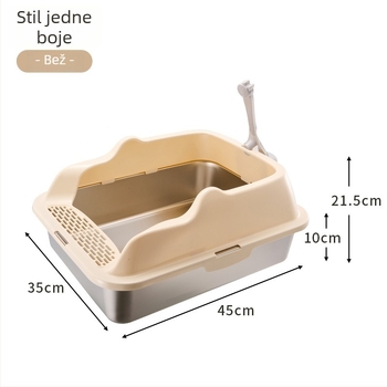 Kutija za mačji WC od nehrđajućeg čelika i PP, poluotvorena, kvadratnog oblika, visoki zidovi protiv prskanja