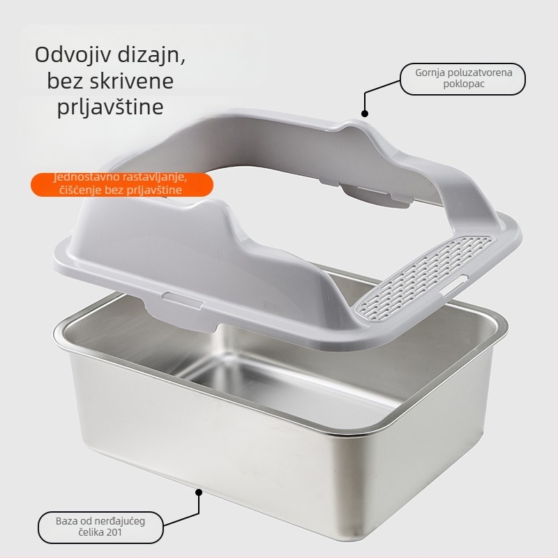 Kutija za mačji WC od nehrđajućeg čelika i PP, poluotvorena, kvadratnog oblika, visoki zidovi protiv prskanja