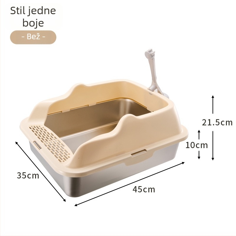 Kutija za mačji WC od nehrđajućeg čelika i PP, poluotvorena, kvadratnog oblika, visoki zidovi protiv prskanja