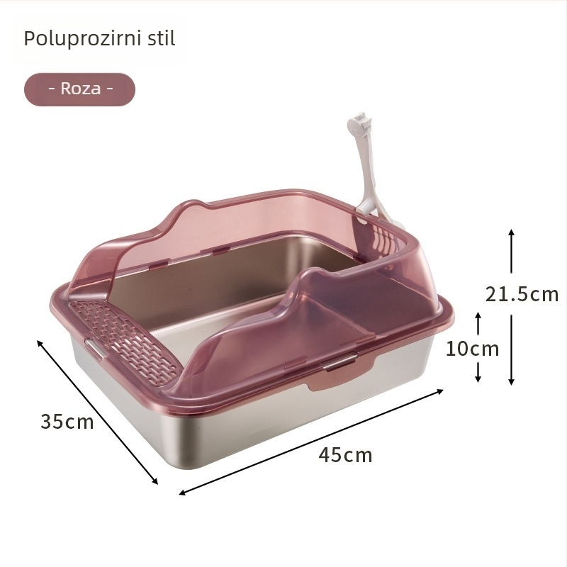Kutija za mačji WC od nehrđajućeg čelika i PP, poluotvorena, kvadratnog oblika, visoki zidovi protiv prskanja