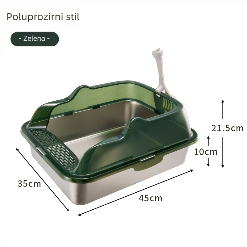 Kutija za mačji WC od nehrđajućeg čelika i PP, poluotvorena, kvadratnog oblika, visoki zidovi protiv prskanja