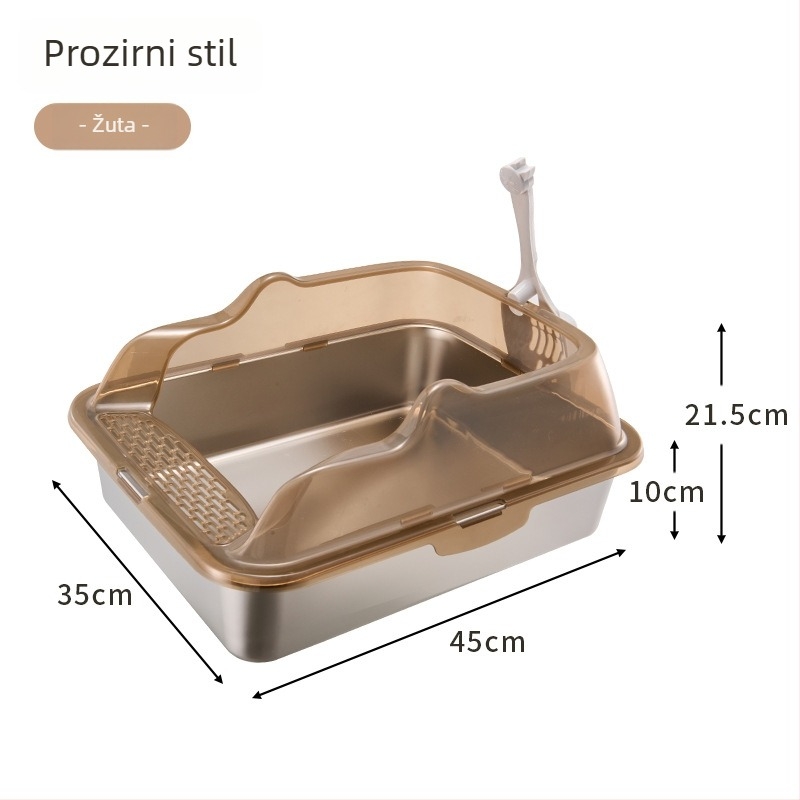 Kutija za mačji WC od nehrđajućeg čelika i PP, poluotvorena, kvadratnog oblika, visoki zidovi protiv prskanja