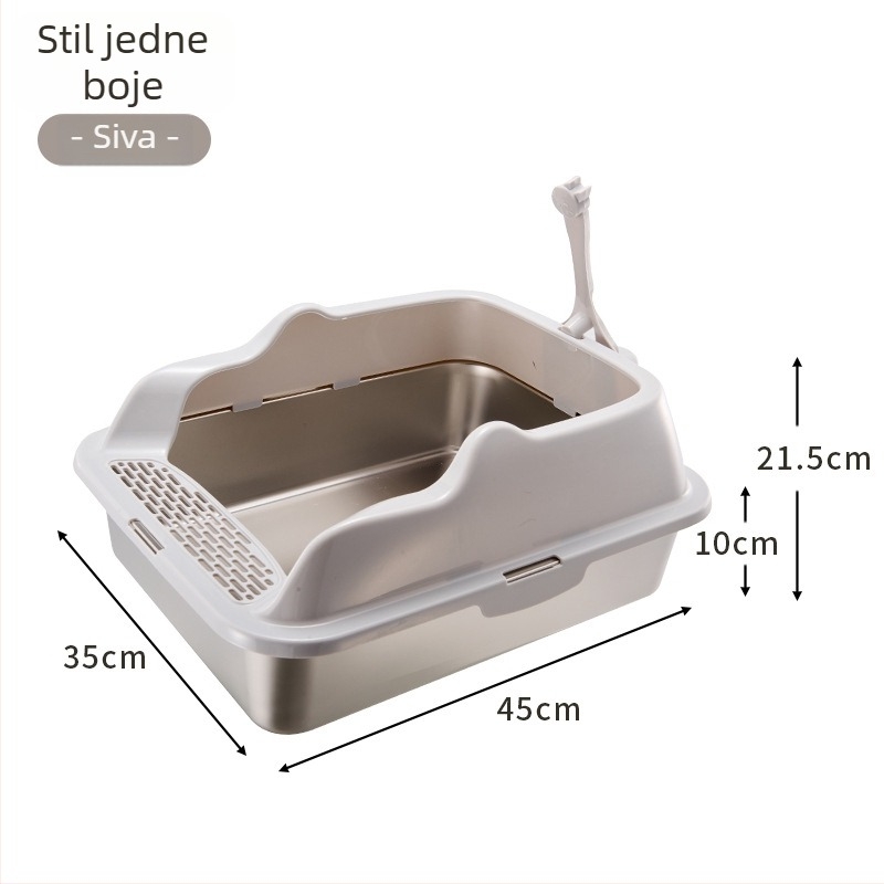 Kutija za mačji WC od nehrđajućeg čelika i PP, poluotvorena, kvadratnog oblika, visoki zidovi protiv prskanja