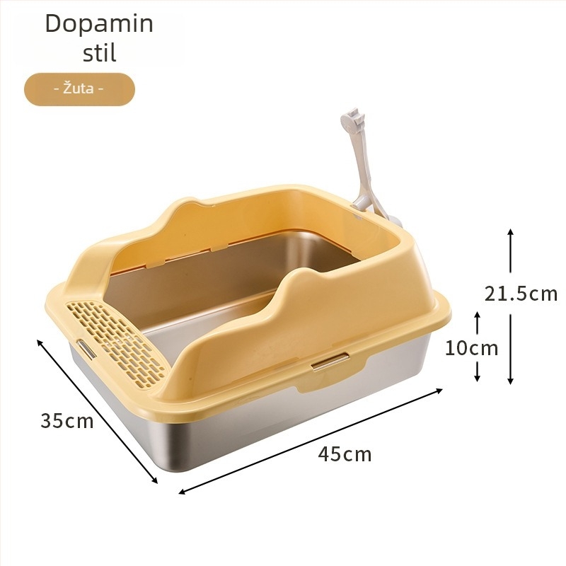 Kutija za mačji WC od nehrđajućeg čelika i PP, poluotvorena, kvadratnog oblika, visoki zidovi protiv prskanja