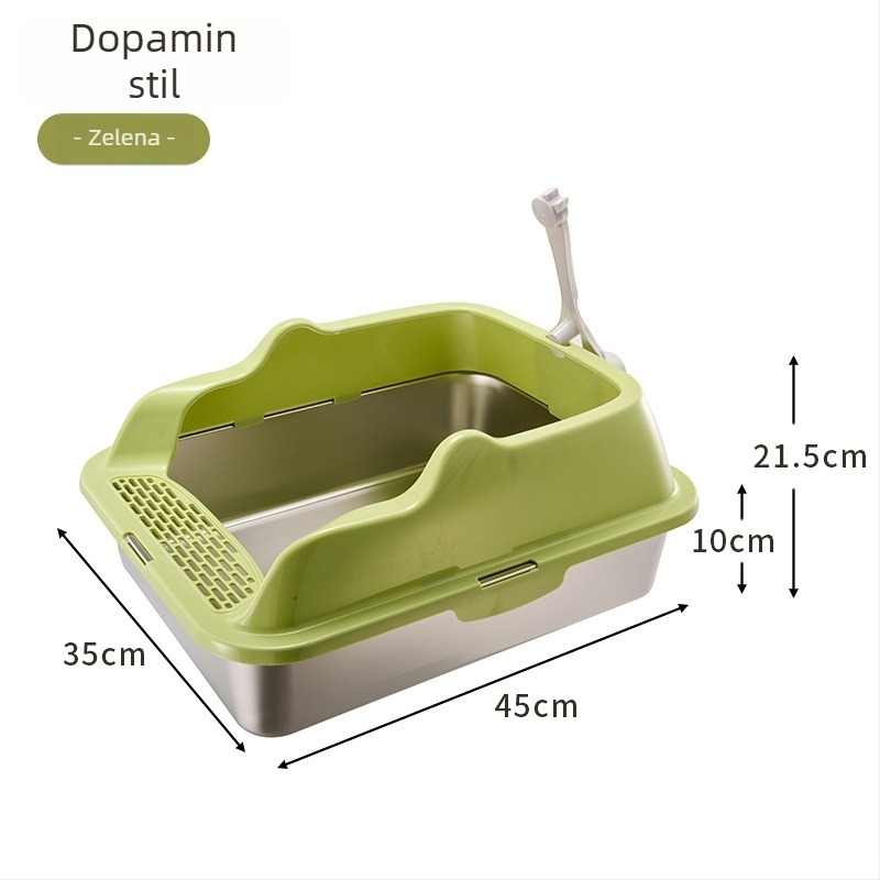 Kutija za mačji WC od nehrđajućeg čelika i PP, poluotvorena, kvadratnog oblika, visoki zidovi protiv prskanja