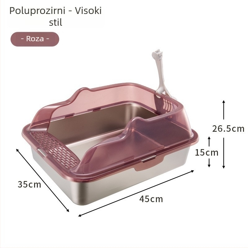 Kutija za mačji WC od nehrđajućeg čelika i PP, poluotvorena, kvadratnog oblika, visoki zidovi protiv prskanja