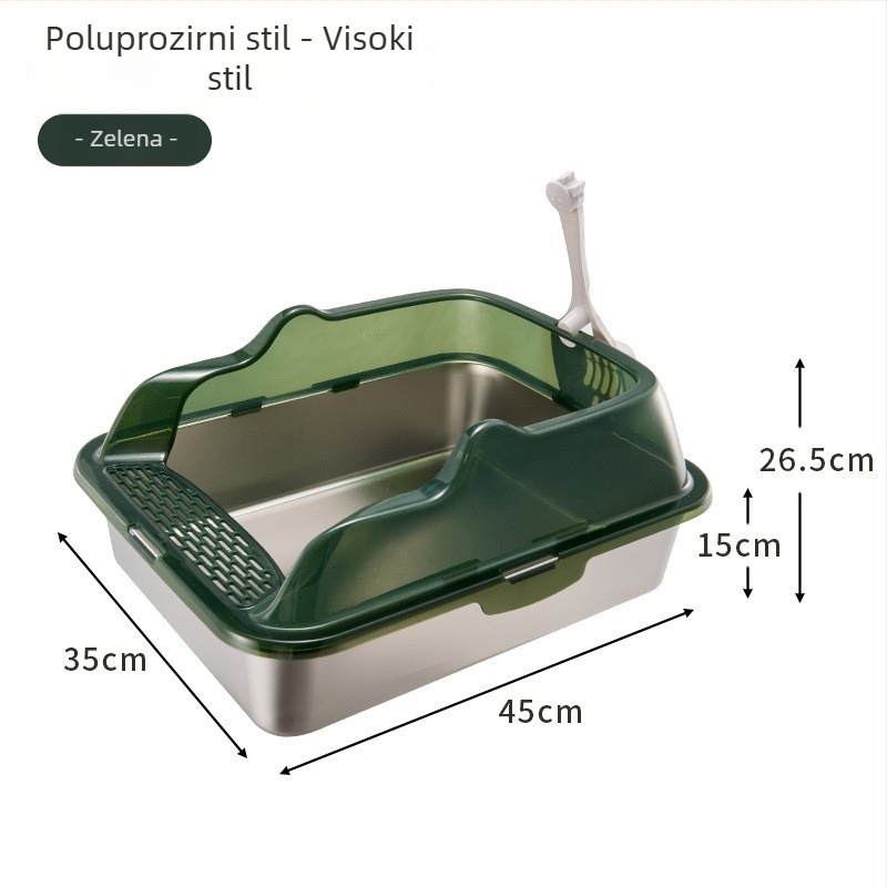 Kutija za mačji WC od nehrđajućeg čelika i PP, poluotvorena, kvadratnog oblika, visoki zidovi protiv prskanja