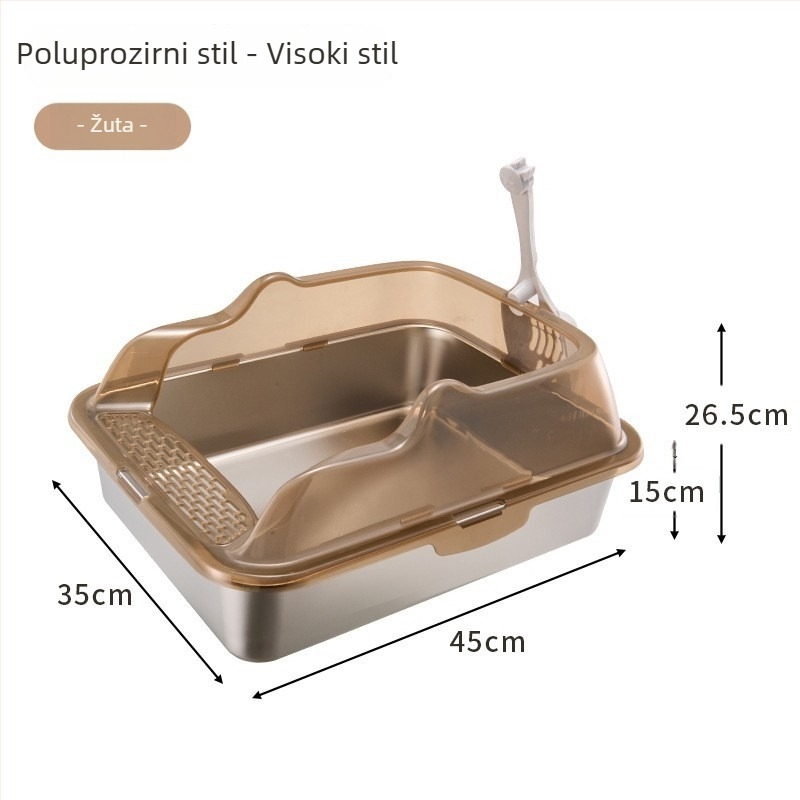 Kutija za mačji WC od nehrđajućeg čelika i PP, poluotvorena, kvadratnog oblika, visoki zidovi protiv prskanja