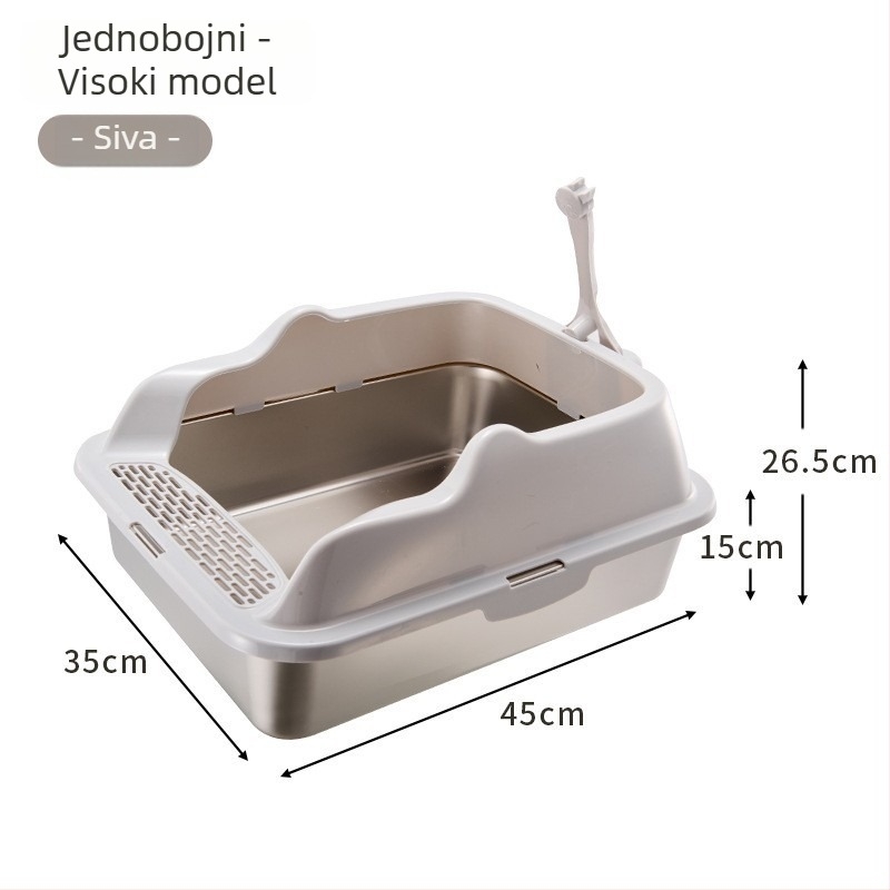 Kutija za mačji WC od nehrđajućeg čelika i PP, poluotvorena, kvadratnog oblika, visoki zidovi protiv prskanja