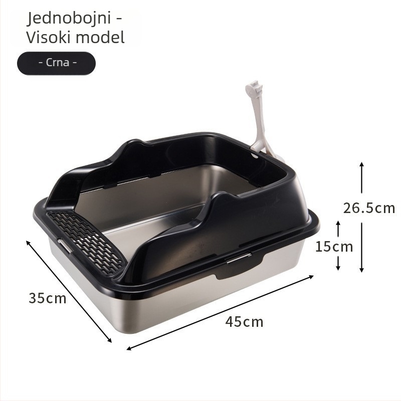 Kutija za mačji WC od nehrđajućeg čelika i PP, poluotvorena, kvadratnog oblika, visoki zidovi protiv prskanja