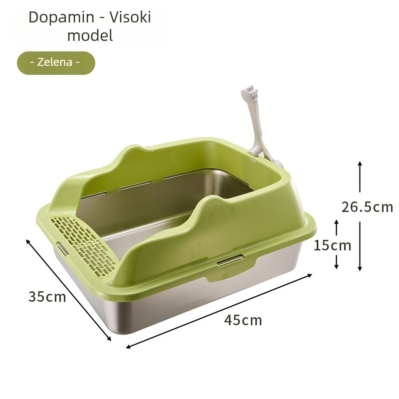 Kutija za mačji WC od nehrđajućeg čelika i PP, poluotvorena, kvadratnog oblika, visoki zidovi protiv prskanja